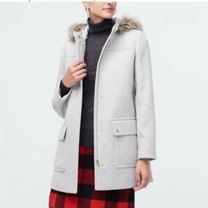 J. Crew Factory Vail wool-blend parka-light heather gray w faux fur-trimmed hood